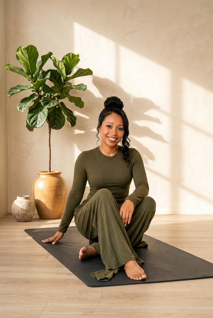 Bo, founder of Fitness Flow, in an olive-green yoga set